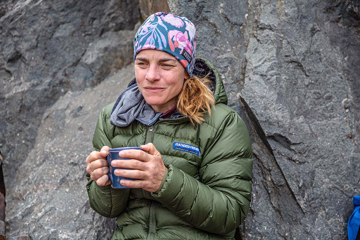 Feathered Friends shop -Feathered Friends shop Drinking tea wearing the Feathered Friends Eos Down Jacket